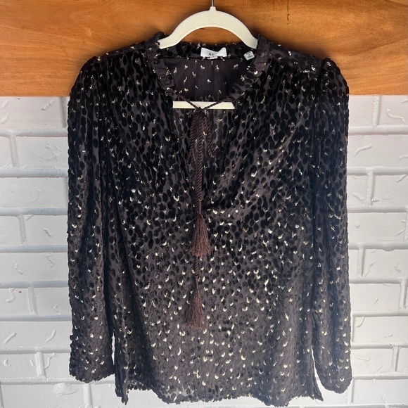 A.L.C. Ophelia Black Velvet Print Sheer Blouse  Top in Carob Metallic,Size 6 NWT - Picture 4 of 16